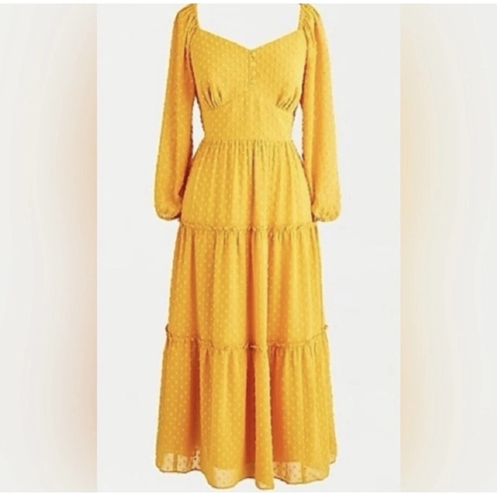 J Crew Factory Womens Midi Dress 18 Marigold Yellow Swiss Dot Chiffon Tiered